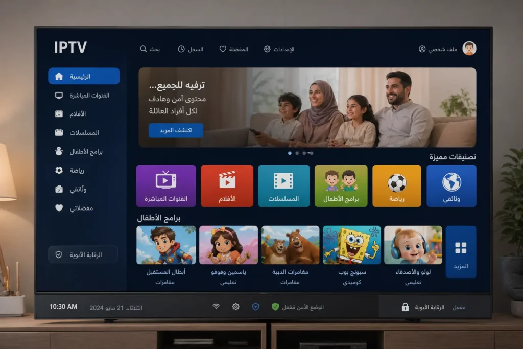 واجهة تطبيق IPTV تعرض إعدادات الرقابة الأبوية ومحتوى العائلة